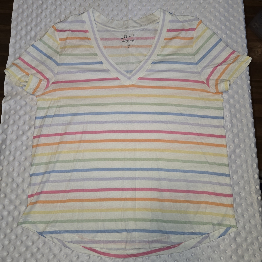 Loft Vintage‎ Soft V Neck Shirt L Rainbow Stripes